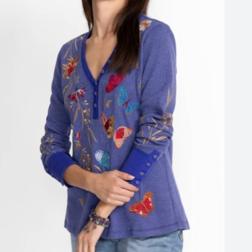Johnny Was Blue Embroidered V-Neck Floral Butterfly Top - Picture 11 of 11
